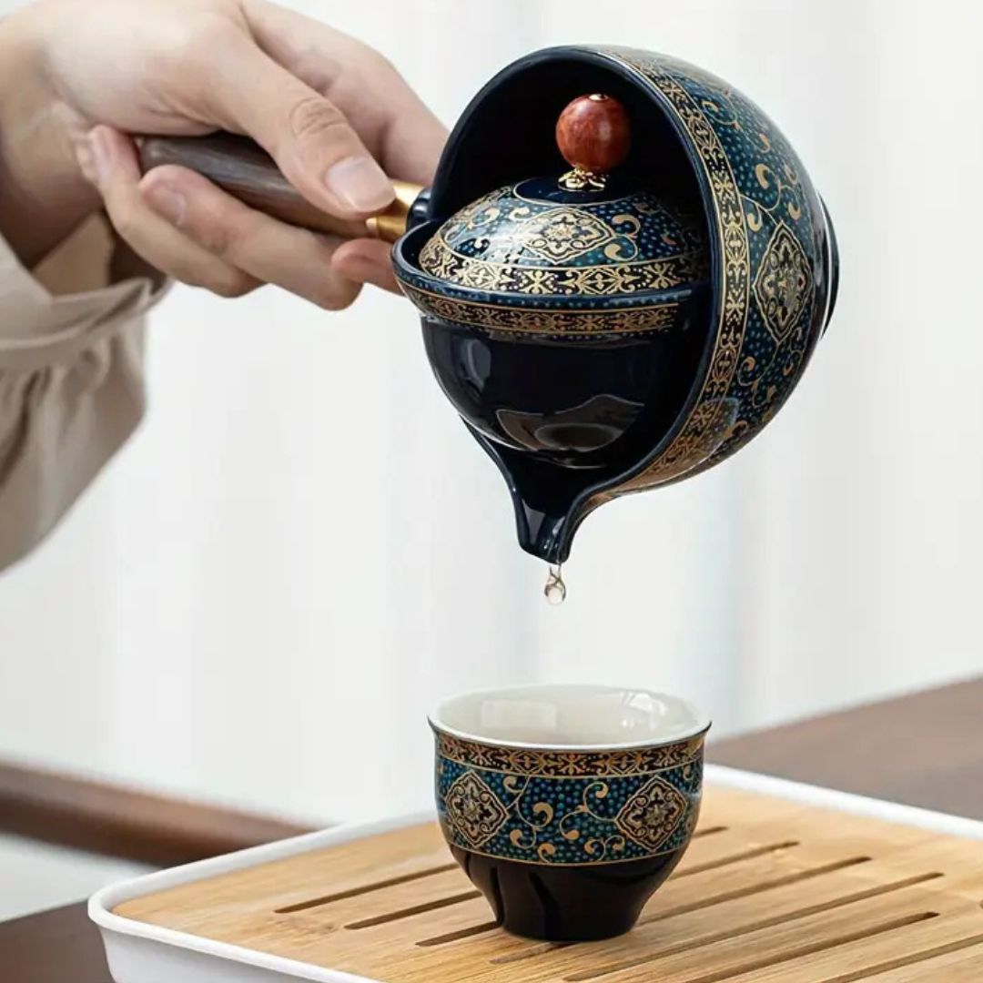SereniBrew – Elegante Keramische Theeset met Innovatief Draaiontwerp voor Thee in Stijl