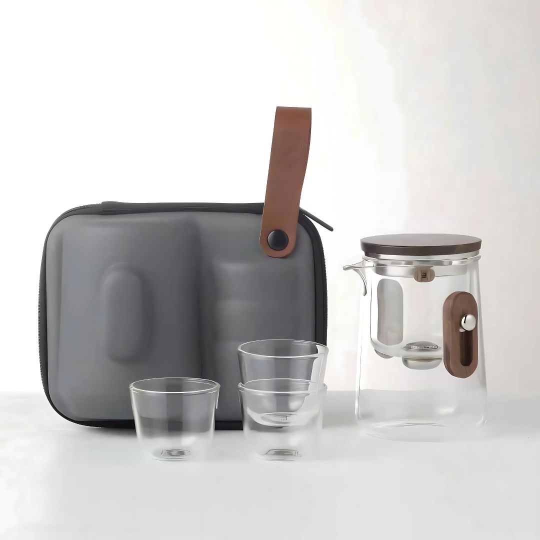 NomadiQ – Elegant Draagbare Theeset van Borosilicaatglas met Slimme Infusie voor Onderweg