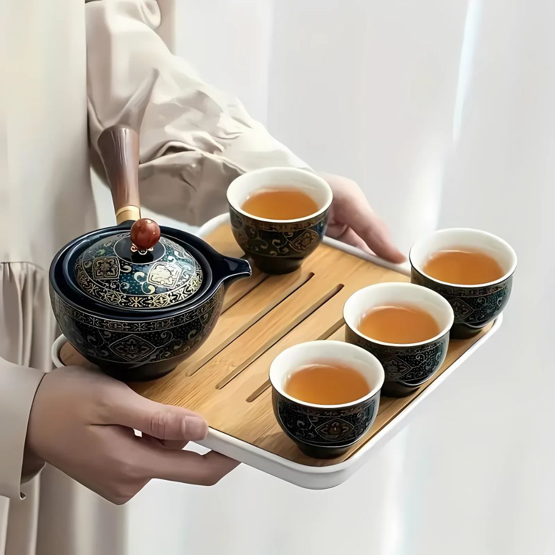 SereniBrew – Elegante Keramische Theeset met Innovatief Draaiontwerp voor Thee in Stijl