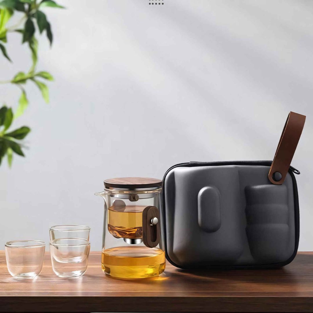 NomadiQ – Elegant Draagbare Theeset van Borosilicaatglas met Slimme Infusie voor Onderweg