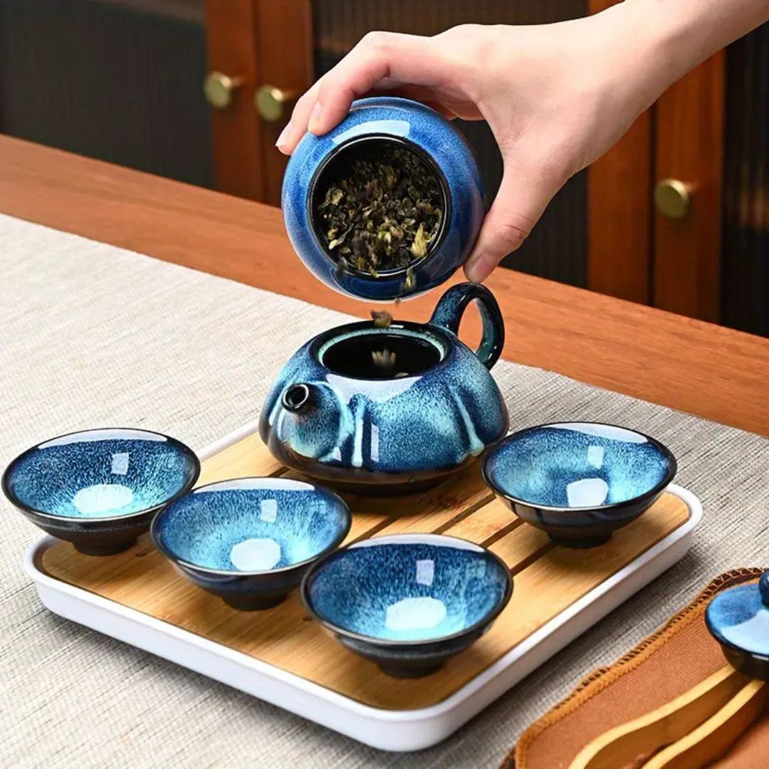 CelestiSet – Elegant Keramisch Theeservies met Hemelse Glazuurafwerking voor Stijlvolle Theemomenten